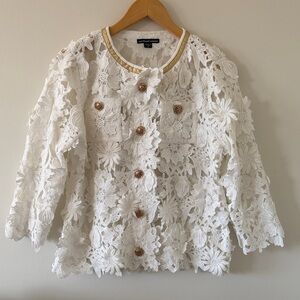 Michael Simon Floral Crochet Jacket White Gold Trim/Buttons Size Medium